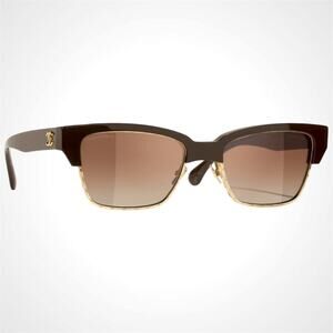 New CHANEL Sunglasses Brown Gold Cat Eye Square Metal Acetate Quilted Womens